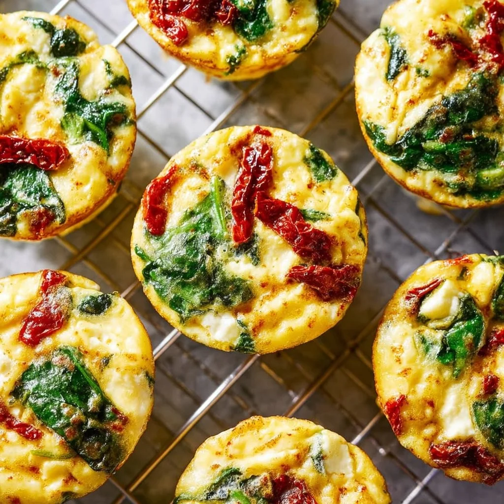 Spinach Feta Egg Cups baked in muffin tins, garnished with fresh herbs.