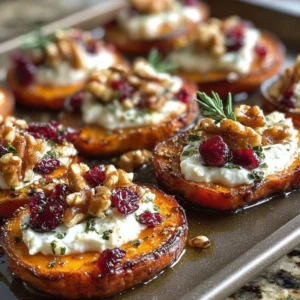 Sweet potato rounds topped with herbed ricotta, walnuts, and cranberries
