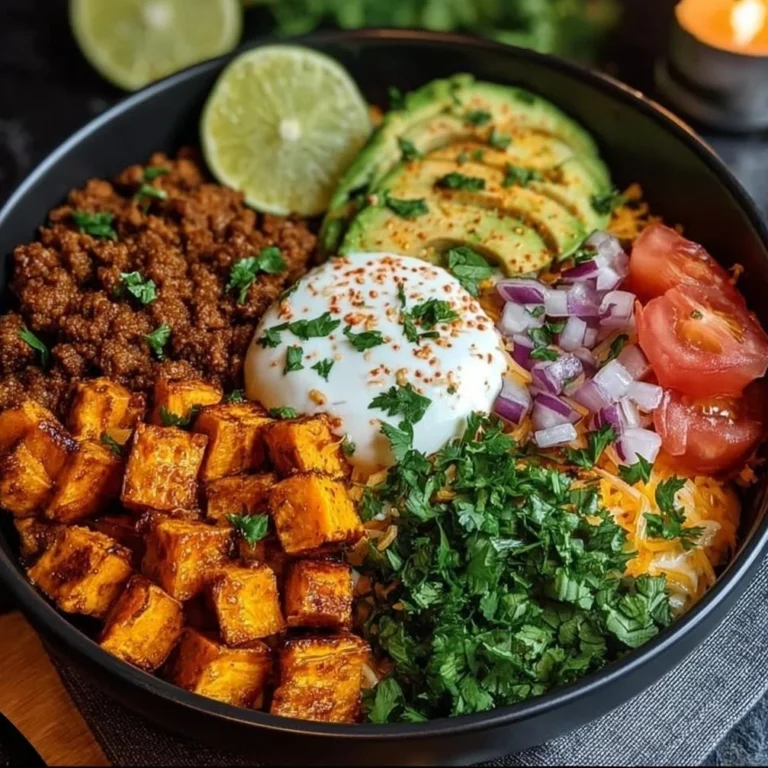 Delicious sweet potato taco bowl with fresh vegetables and toppings