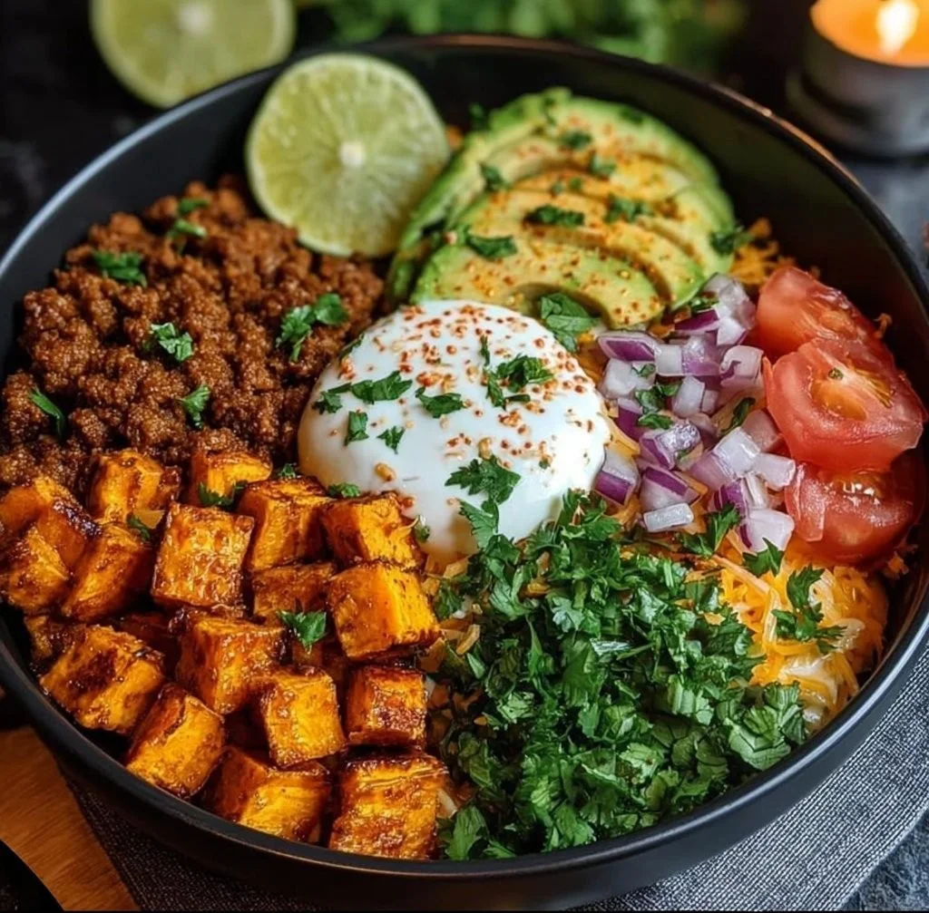 Delicious sweet potato taco bowl with fresh vegetables and toppings