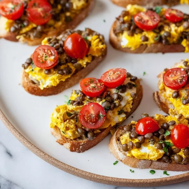 Tomato and lentil breakfast bruschetta topped with fresh herbs