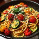 Delicious Tomato Zucchini Pasta dish garnished with fresh basil