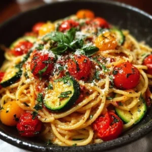 Delicious Tomato Zucchini Pasta dish garnished with fresh basil