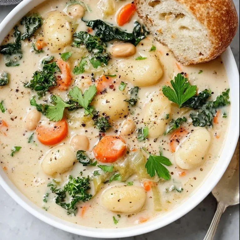 Bowl of Vegan Chickpea Gnocchi Soup garnished with herbs