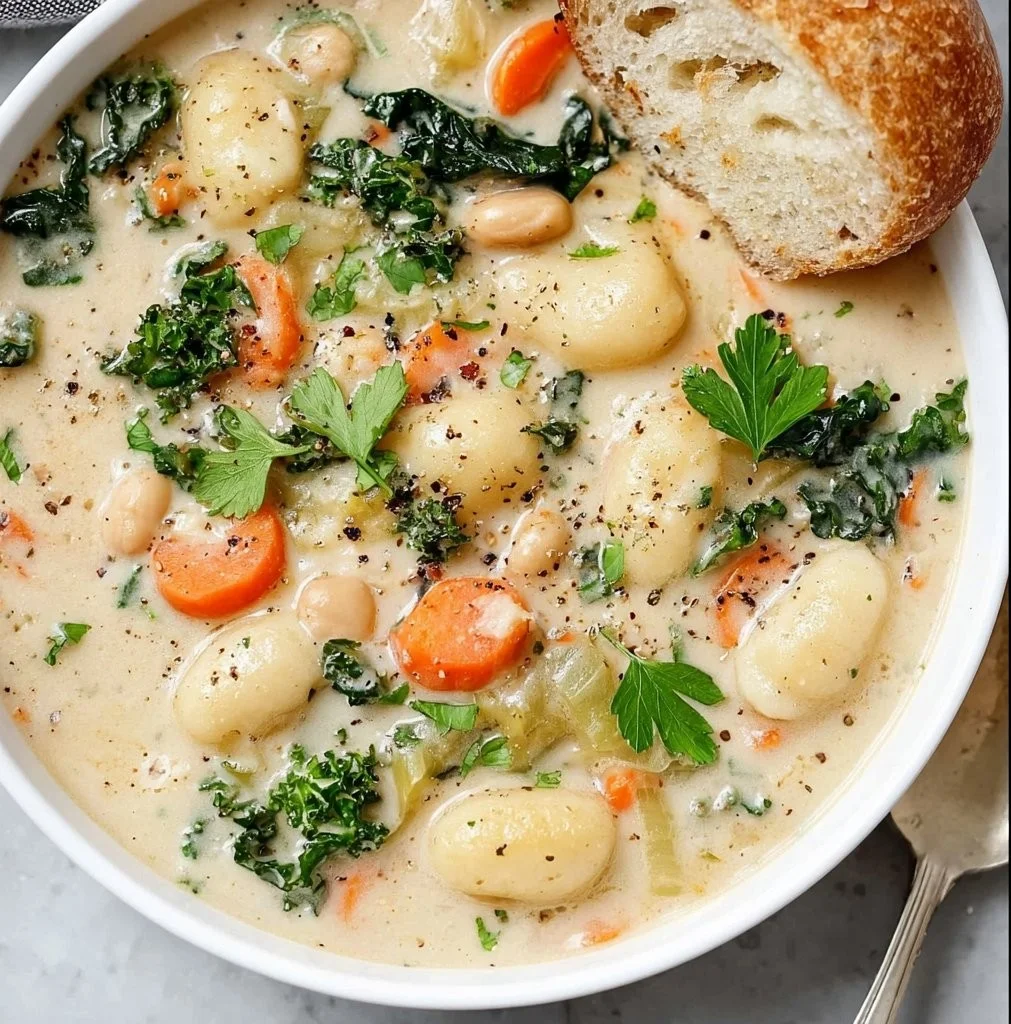 Bowl of Vegan Chickpea Gnocchi Soup garnished with herbs
