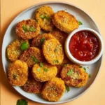 Delicious vegan chickpea nuggets served with dipping sauce on a plate.