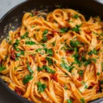 Vegan creamy sun dried tomato pasta topped with fresh herbs.