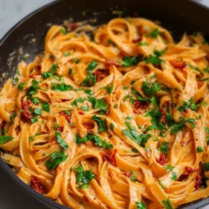 Vegan creamy sun dried tomato pasta topped with fresh herbs.