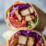 Vegan honey mustard tofu wraps served on a plate with fresh vegetables.