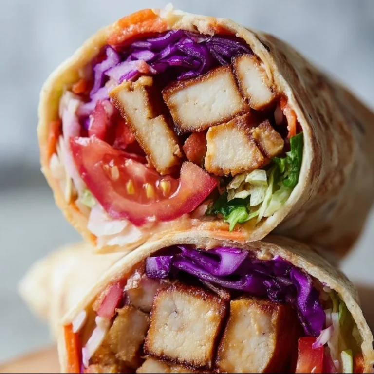 Vegan honey mustard tofu wraps served on a plate with fresh vegetables.