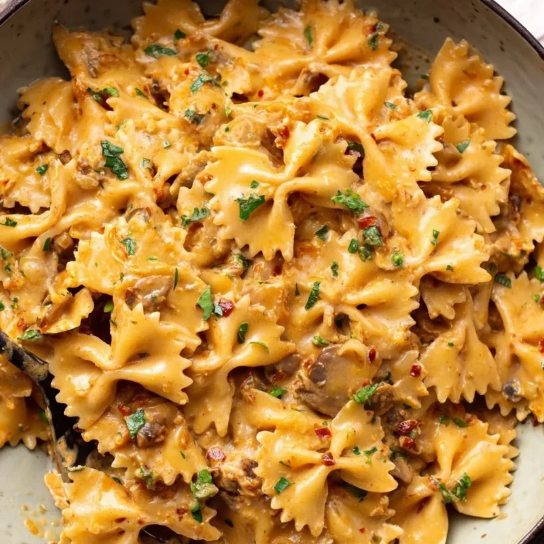 Vegan Marry Me Pasta served in a bowl with fresh basil and cherry tomatoes.
