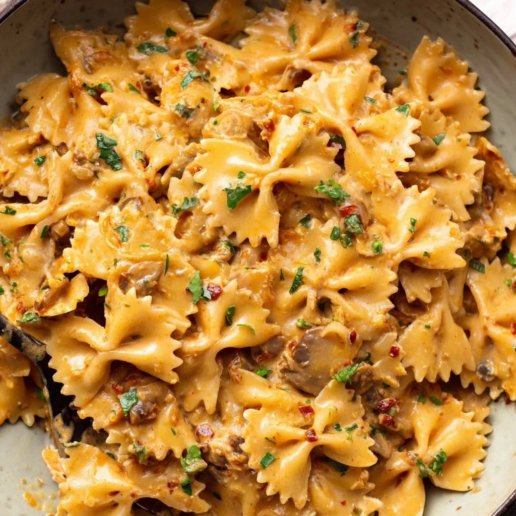 Vegan Marry Me Pasta served in a bowl with fresh basil and cherry tomatoes.