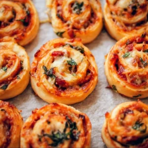 Plate of homemade vegan pizza rolls garnished with fresh herbs