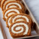 Delicious carrot cake roll filled with cream cheese frosting on a plate