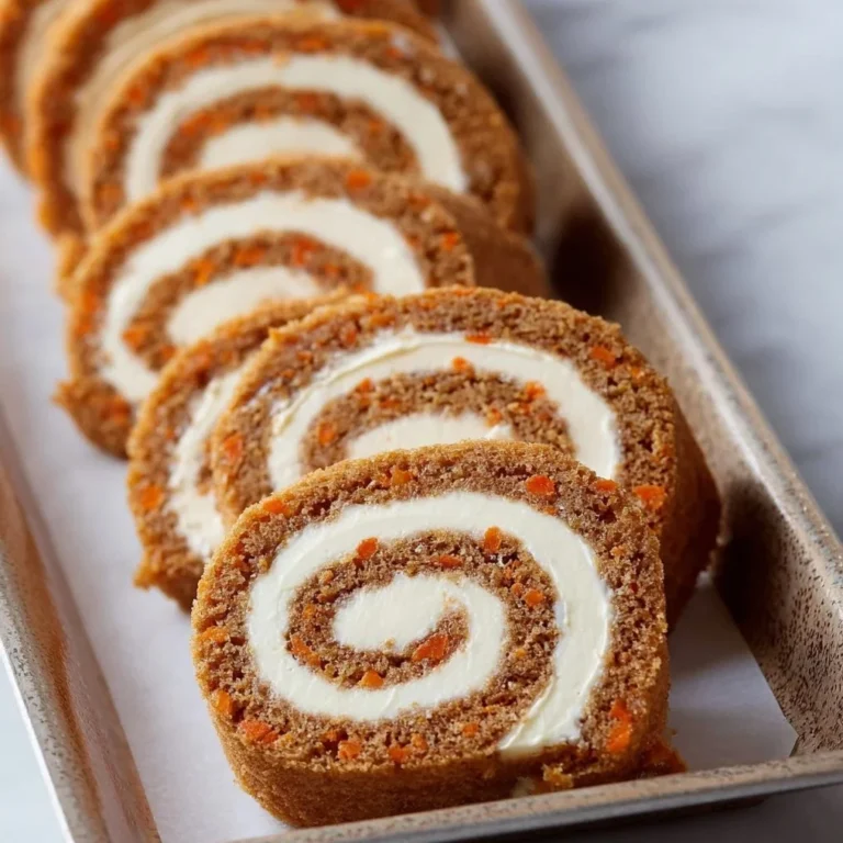 Delicious carrot cake roll filled with cream cheese frosting on a plate