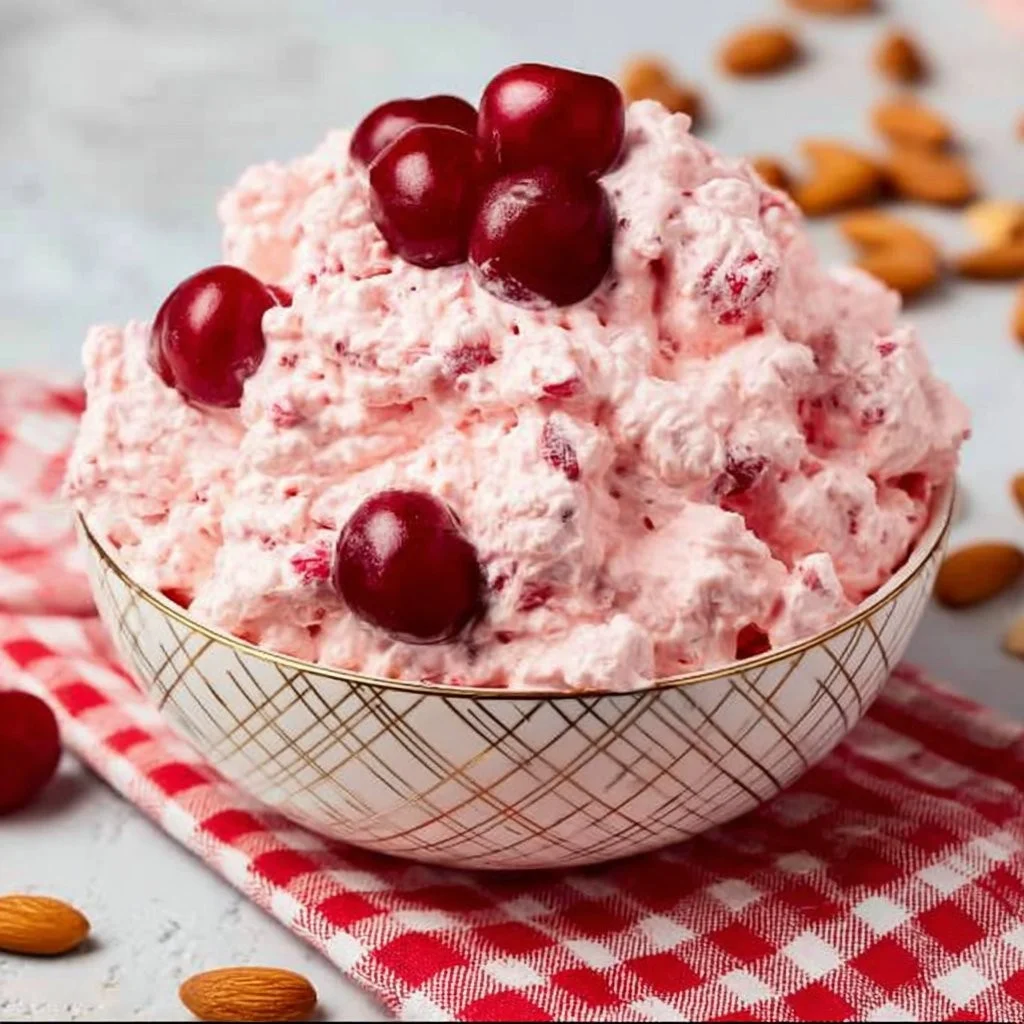 Bowl of Cherry Cheesecake Fluff dessert topped with fresh cherries and whipped cream.