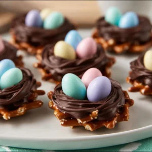 Chocolate-covered pretzel nests decorated with colorful candies for a festive treat.
