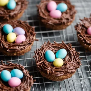 Easter Birds Nest Cookies decorated with chocolate and candy eggs