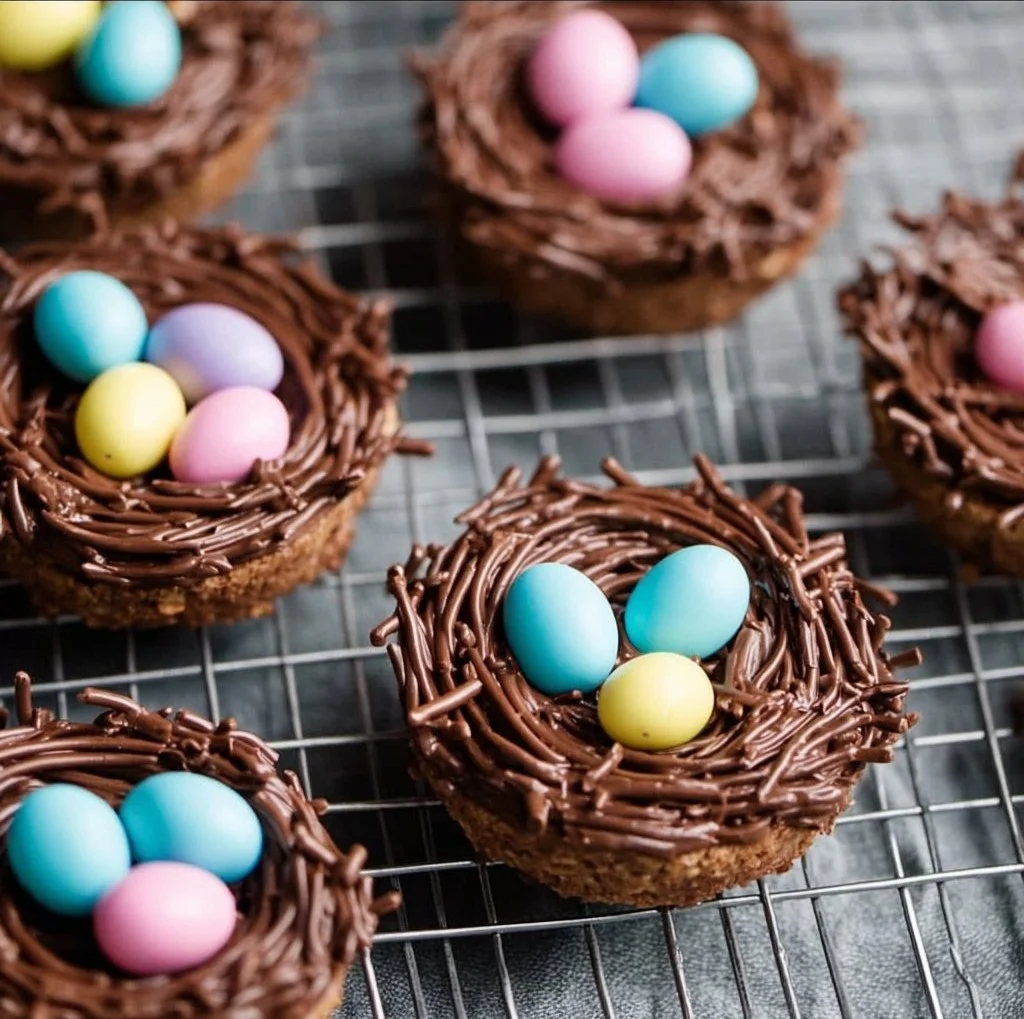 Easter Birds Nest Cookies decorated with chocolate and candy eggs