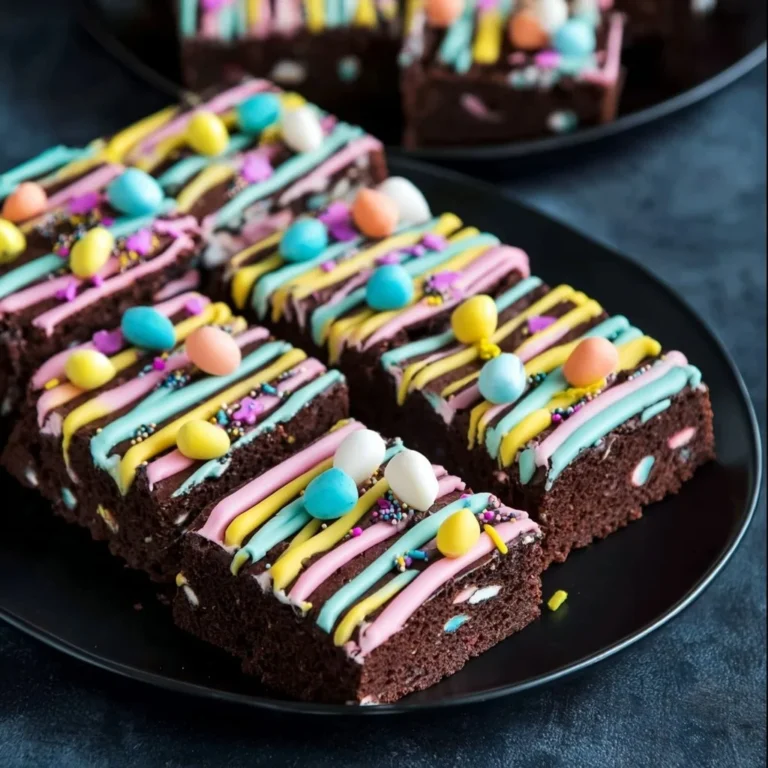 Decadent Easter brownies topped with colorful sprinkles and chocolate eggs.