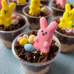 Colorful Easter Dirt Cups made with chocolate pudding and gummy candies