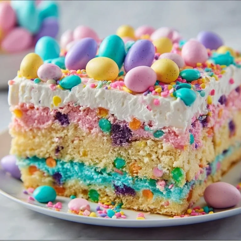 Delicious Easter Poke Cake topped with vibrant frosting and decorations for spring.
