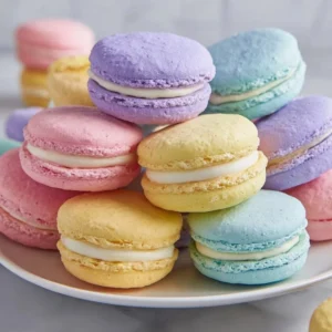Pastel sugar cookie sandwiches with colorful icing and creamy filling.