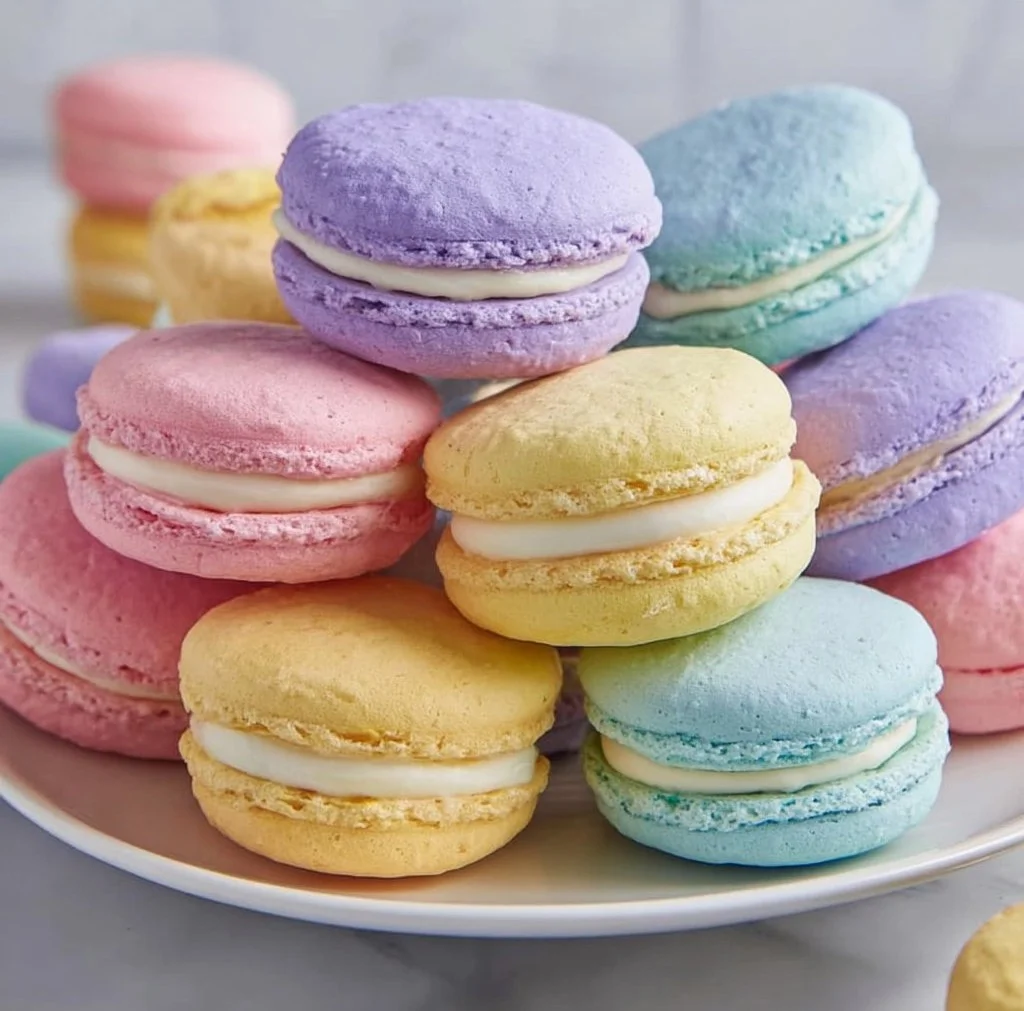 Pastel sugar cookie sandwiches with colorful icing and creamy filling.