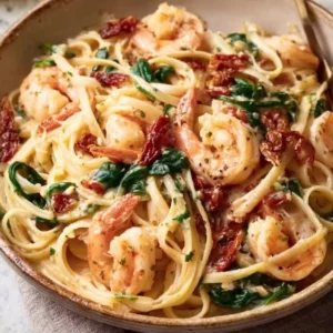 Creamy Tuscan shrimp linguine served in a bowl with fresh herbs and garlic