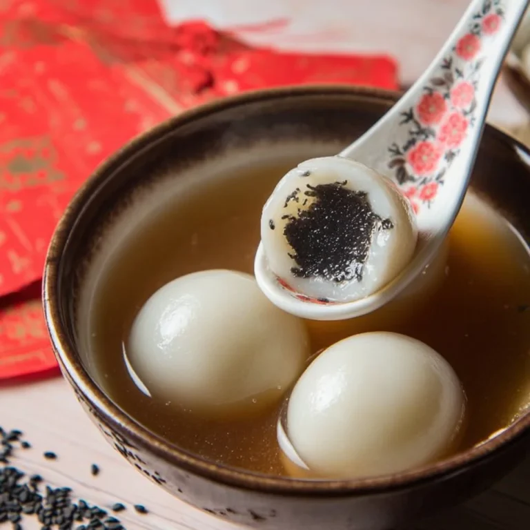 Homemade sesame glutinous rice dumplings (Tang Yuan) on a plate with syrup