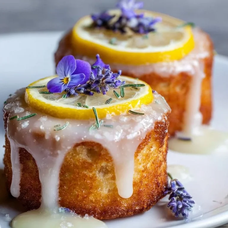 Mini lemon cakes topped with lavender glaze on a white plate