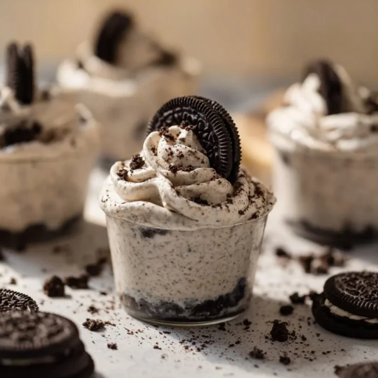Oreo no-bake cheesecake cups topped with crushed Oreo cookies