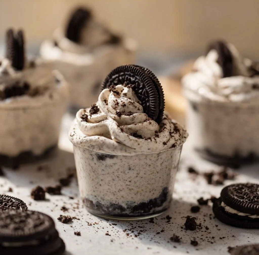 Oreo no-bake cheesecake cups topped with crushed Oreo cookies