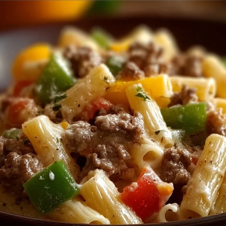 Plate of creamy Philly Cheesesteak Pasta with peppers and onions