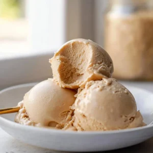 Dairy-free protein vanilla ice cream in a bowl with a scoop