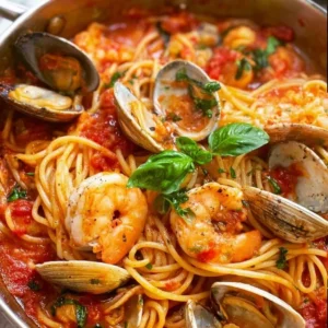 Delicious seafood pasta served with shrimp, scallops, and herbs.