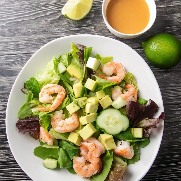 Fresh shrimp salad drizzled with garlic miso dressing on a plate