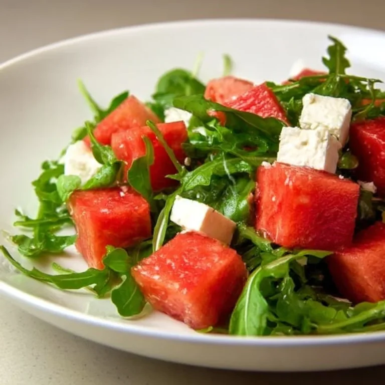 Delicious watermelon arugula salad with feta cheese and balsamic dressing