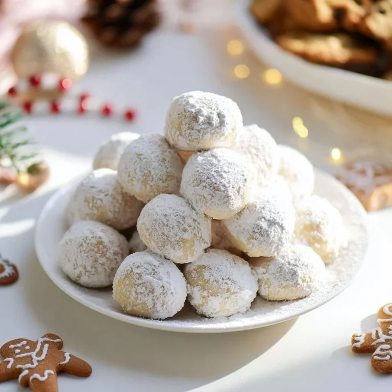 Baked snowball cookies dusted with powdered sugar on a plate