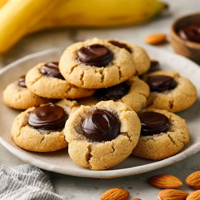Delicious Banana Almond Thumbprint Cookies arranged on a plate.