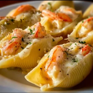 Delicious creamy seafood stuffed shells served with a rich sauce