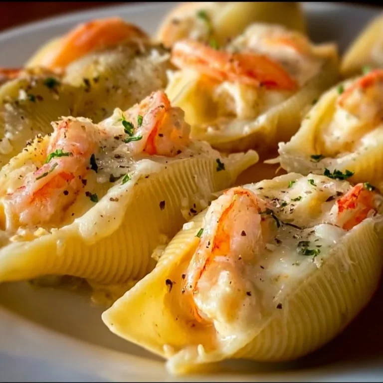 Delicious creamy seafood stuffed shells served with a rich sauce