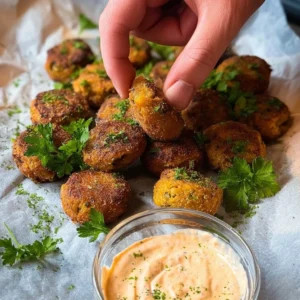 Delicious crispy veggie balls served with dipping sauce