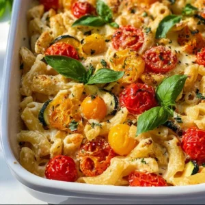 Healthy baked feta pasta with mixed vegetables in a creamy sauce