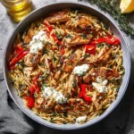 Delicious Lemon-Feta Chicken served with orzo pasta and fresh herbs.