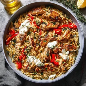 Delicious Lemon-Feta Chicken served with orzo pasta and fresh herbs.