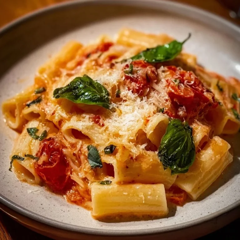 Bowl of Pasta alla Sorrentina topped with cheese and fresh basil
