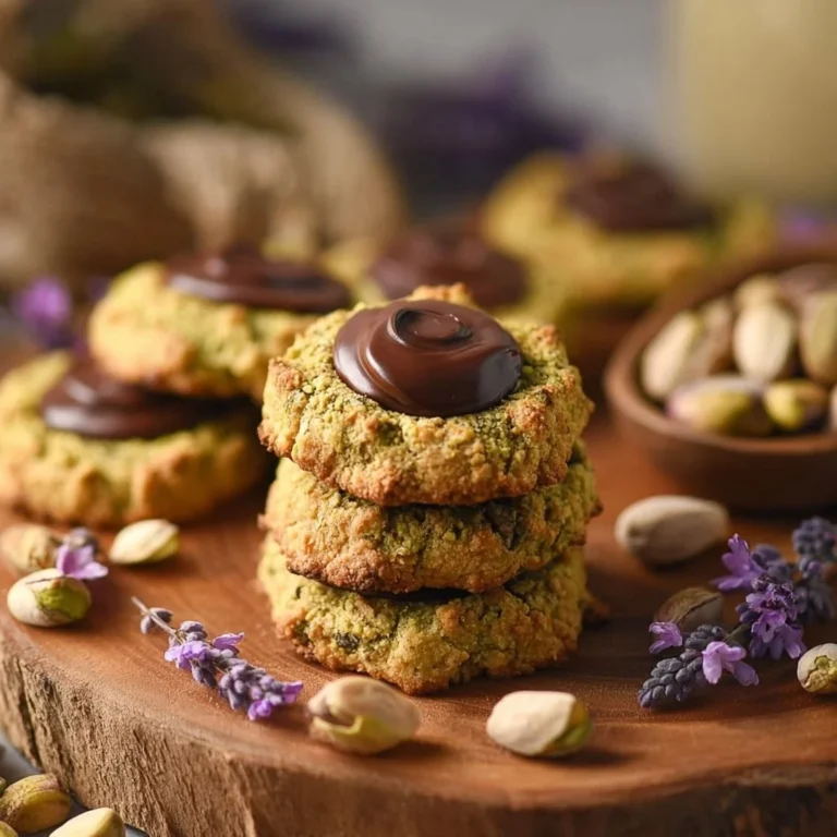 Delicious pistachio thumbprint cookies with a jam filling on a platter.