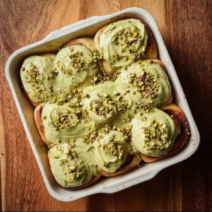 Small batch pistachio cream cinnamon rolls topped with cinnamon and nuts