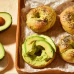 3-Ingredient Avocado Bagels topped with fresh avocado slices